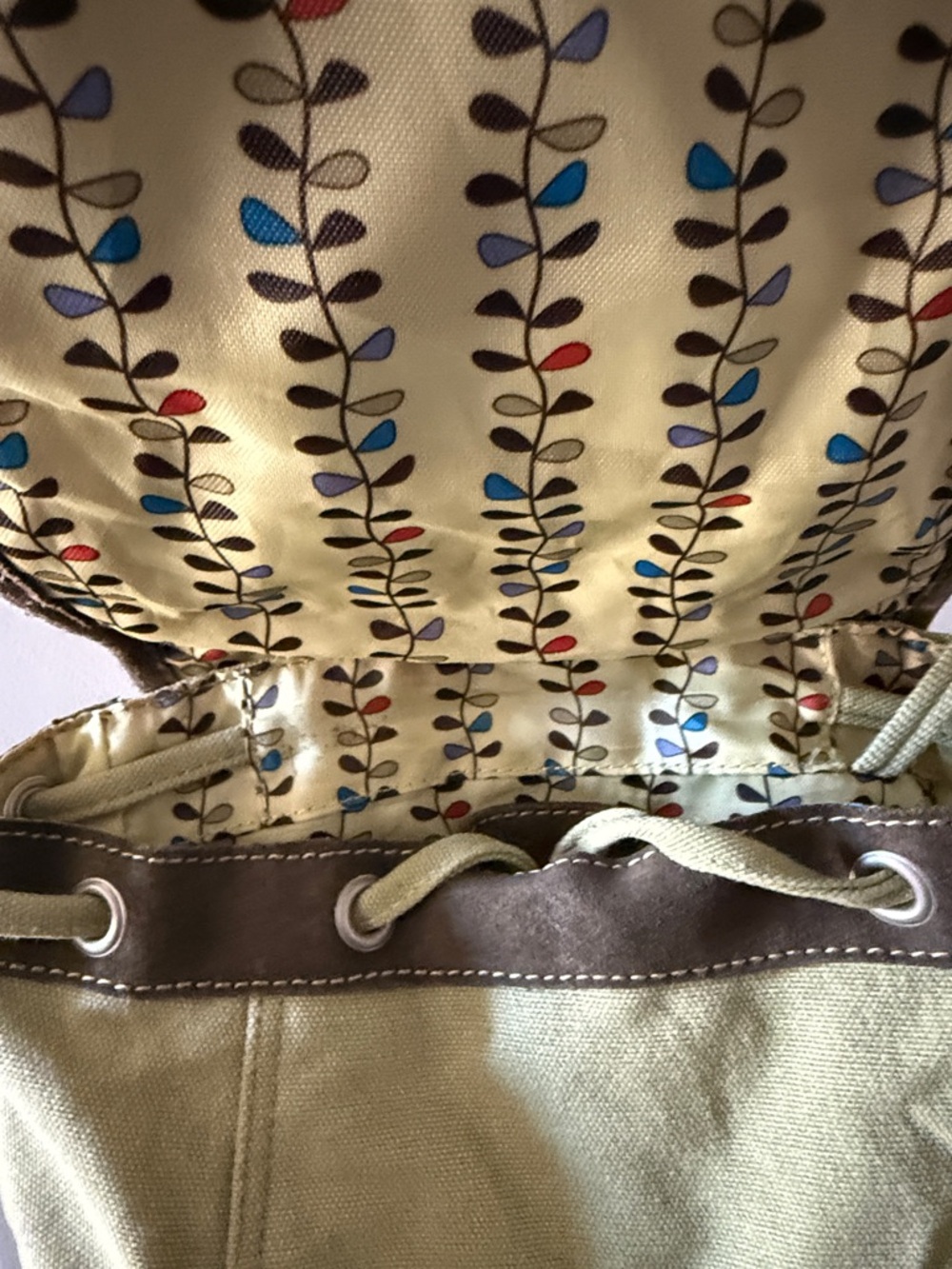 Sherpani Canvas Floral Accent Mini Backpack in Olive Green with Brown Trim - Picture 3 of 7